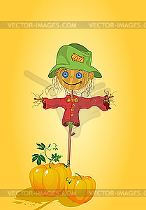 Scarecrow with pumpkins - vector image