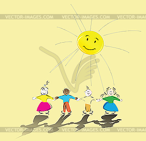 Multiracial kids holding their hands and smiling sun - vector clip art