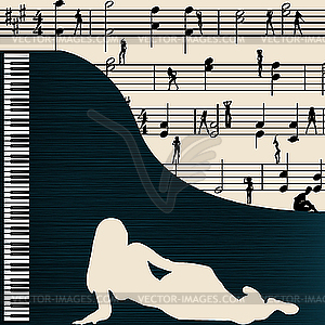 Music, greeting card with grand piano - vector image