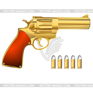Golden revolver and bullets - vector clipart