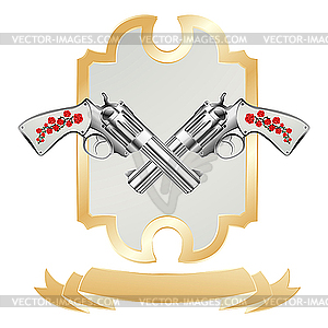 Vintage revolvers and gold ribbon - vector image