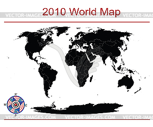 Editable world map with windrose - vector image