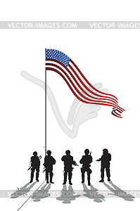 Silhouettes of five soldiers - color vector clipart