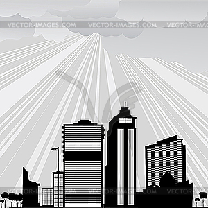 City and sun rays - vector clipart