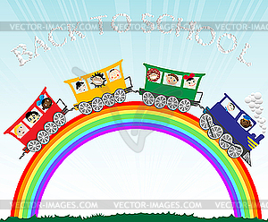 Kids on train and rainbow - vector clipart