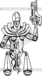 Scales of justice as an armed robot - vector clip art