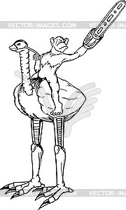 Monkey sits on ostrich and holds chainsaw - vector image