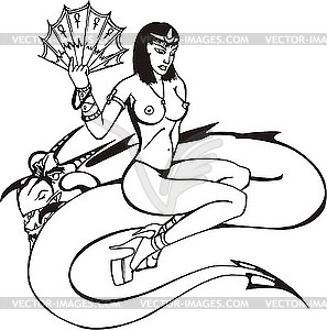 Woman with fan on the serpent - vector image