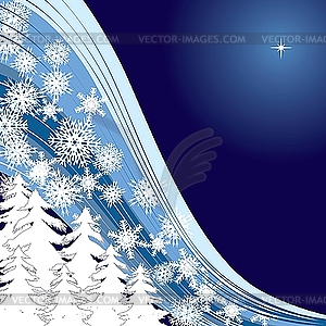 Синяя рождественская открытка с елками и снежинками - векторный клипарт EPS