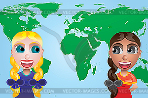 Girls and map of the world - vector image