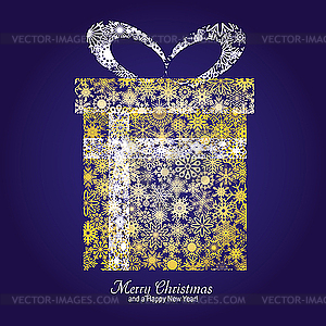 Blue Christmas card with golden gift box - vector image