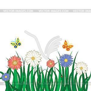 Flowers, grass and butterflies - vector clip art
