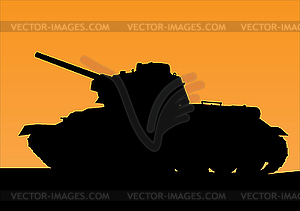 Силуэт танка на оранжевом закате - векторная графика