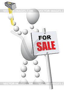 Man mounts sign announcing the sale of - vector clipart