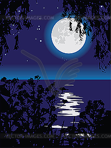 Lunar path on lake at night - vector clipart