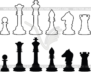 Шахматные фигуры, черно-белые контуры - клипарт в векторе