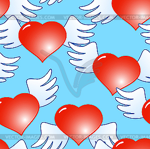 Background of red hearts with wings - vector image