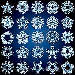 Set of 25 five-rays crystal gradient snowflakes. - vector clipart