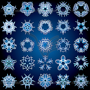 Set of 25 five-rays crystal gradient snowflakes. - vector image