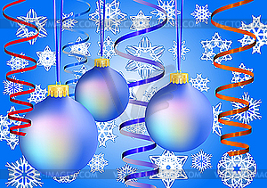 Three blue christmas-balls on snow background - vector clip art