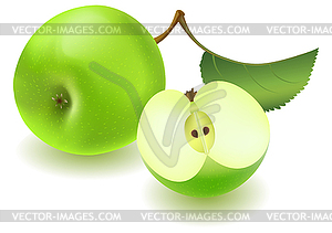 Green apple and slice with leaf - vector image