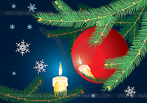 Елочная ветвь с новогодним шаром и свечой - изображение векторного клипарта