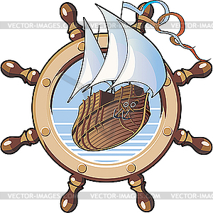 Ship and wheel - vector image
