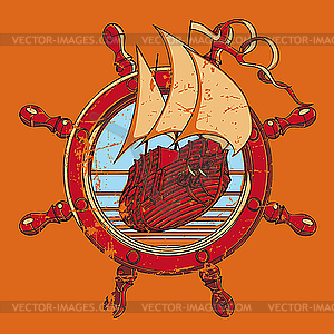 Vignette with ship and wheel - vector clipart