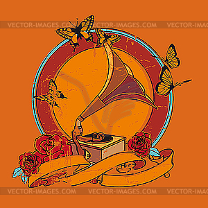 Vintage vignette with gramophone and roses - vector EPS clipart