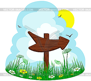 Wooden arrow on the summer landscape - vector image