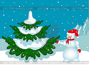 Snowman near the Christmas tree.  - vector clipart