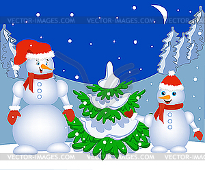 Family snowmen near the Christmas tree - vector clipart