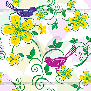 Seamless floral pattern with birds - vector clipart