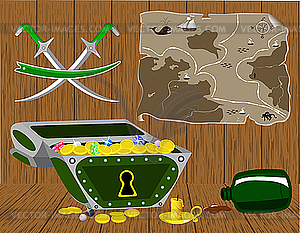 Chest of gold and pirate map - vector clip art