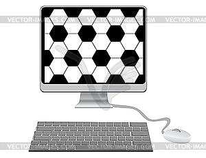 Monitor with football pattern, keyboard and mouse.  - stock vector clipart