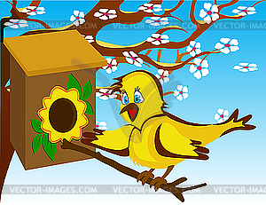 Bird in the birdhouse near flowering tree - vector clip art