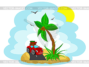 Car with the luggage under palm tree - vector clipart