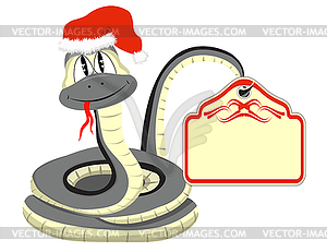 Snake in Santa Claus hat with paper in tail - vector clipart