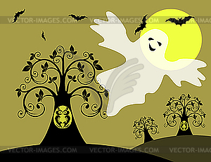 Owl, bats and ghost - vector clipart