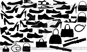 Silhouettes of footwear and bags - vector image