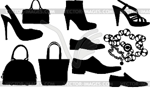 Силуэты обуви и сумочек - векторизованное изображение клипарта