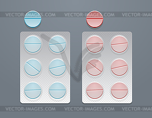 Blue and red round pills in blister packs - vector clip art