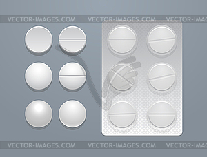 White round pills and blister pack - vector clipart