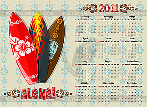 Алоха календарь 2011 с досками для серфинга - векторизованный клипарт