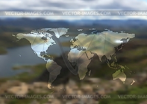Polygonal world map on blurred landscape background - vector clipart