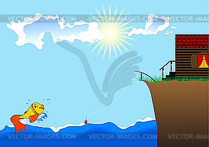 Small fish, sea and house ashore - vector clip art