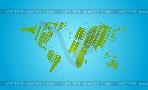 Bright green grunge world map on blue - vector image