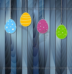 Flat Easter eggs on blue wooden texture background - vector image