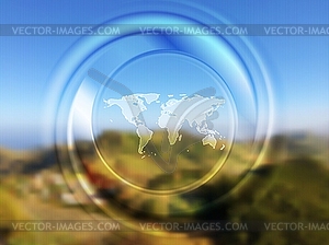 World map and blurred circle on landscape background - vector image