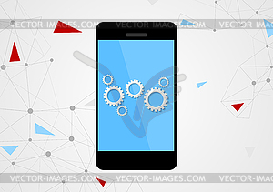 Mobile phone and gears on touchscreen - vector clip art